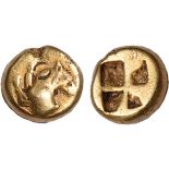 Kyzikos, Mysia (550 – 500 BC) electrum hemihekte (1/12 stater), forepart of a dog crouching to l.,