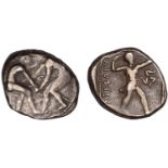 Pamphylia, Aspendos, silver stater, two wrestlers grappling, rev. slinger in throwing stance r.,