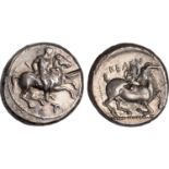 Cilicia, Kelendris (400 – 350 BC), stater, naked rider with whip in r. hand, seated sideways on