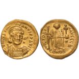 Justinian I (AD 527-565), gold solidus, Constantinople mint, DN IVSTINIANVS PP AVG, helmeted and