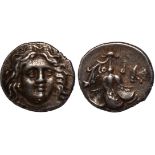 Caria, Rhodes (387-304 BC), silver drachm, head of Helios three-quarters r., rev. rose with bud on