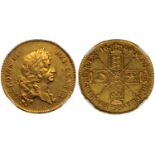 † Charles II, five guineas, 1669, V. PRIMO, first laur. bust r., rev. crowned cruciform shields,