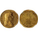 † Charles II, five guineas, 1679, T. PRIMO, second laur. bust r., rev. crowned cruciform shields,