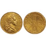 † William III, five guineas, 1701, D. TERTIO, ‘fine work’, second laur. bust r., rev. crowned