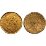 † William III, guinea, 1698, second laur. bust r., rev. crowned cruciform shields, sceptres in