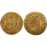 James I, third coinage, rose ryal, mm. spur rowel (1619-1620), crowned figure of king enthroned