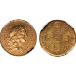 † Charles II, half guinea, 1670, first laur. bust r., rev. crowned, cruciform shields, sceptres in