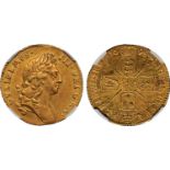 † William III, guinea, 1695, first laur. bust r., rev. crowned cruciform shields, sceptres in