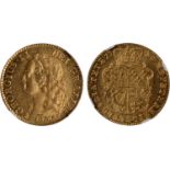 George II, guinea, 1745, LIMA, intermediate laur. head l., rev. crowned shield of arms (S.3679),