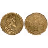 William III, five guineas, 1701, D. TERTIO, ‘fine work’, second laur. bust r., rev. crowned