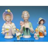 Five ceramic half dolls, the largest two 16.5cm tall, the smallest two 6.