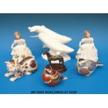 Three Crown Derby paperweights (two birds and a cat), two Royal Doulton ladies,