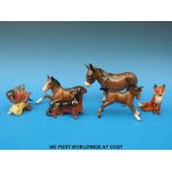 Five Beswick animals to include a foal, a donkey/mule, a bullfinch,
