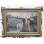 Attributed to William Callow (1812-1908): Oil on board of a bridge/river scene 'The Fal' (23 x