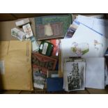 A collection of postcards, cigarette cards, stamps,