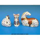 Three Royal Crown Derby paperweights, a horse, a cat and a rabbit,