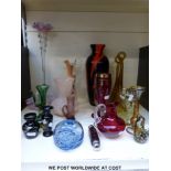A quantity of coloured glass vases, paperweights etc including an epergne, Mdina,
