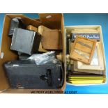 Two boxes of photographic cameras and other items to include Zeiss, Agfa isolette,