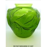 A green glass vase with a moulded bird design in the Lalique style (28 x 26cm)