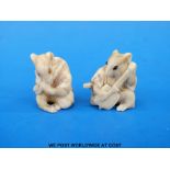 Two Japanese ivory netsukes in the form of mice playing musical instruments (3cm tall)