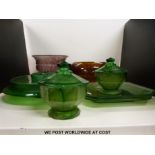A collection of Davidsons cloud glass including pedestal bowls