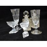 A collection of clear glassware to include two early wine glasses,