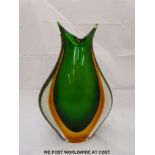 A Murano Sommerso glass vase of green and amber colouration (34 x 22cm)