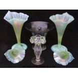A pair of James Powell vaseline glass vases (H25cm) together with a matching pair of epergne vases