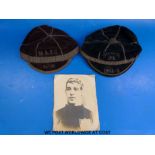 Two 19thC football caps for MAFC 1894-95 and Penarth FC 1892-93 with a photograph of the recipient