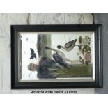 A mirror painted with a scene of birds in a pond,