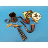 A quantity of collectables including carved pipes, one of Edward VII,