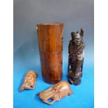 A Chinese 19thC bamboo brush pot together with a Chinese inlaid rosewood figure and two masks