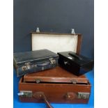 Three vintage leather cases and a metal secure box (19 x42cm)