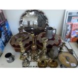 A quantity of brass ware etc to include scales, candlesticks etc,
