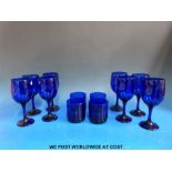 A set of eight Bristol blue wine glasses together with four matching tumblers
