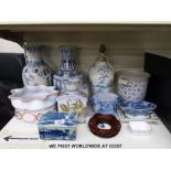 A quantity of decorative blue and white and other ceramics including a tea caddy