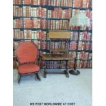 Two oak tables, Ercol rocking chair and an oak barley twist standard lamp.