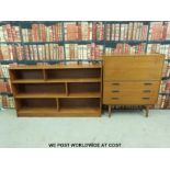 A retro bureau with three drawers below (width 92cm) together with a large bookcase.