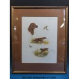 A framed signed print of Irish Setters and wildfowl (36 cm x 27 cm)
