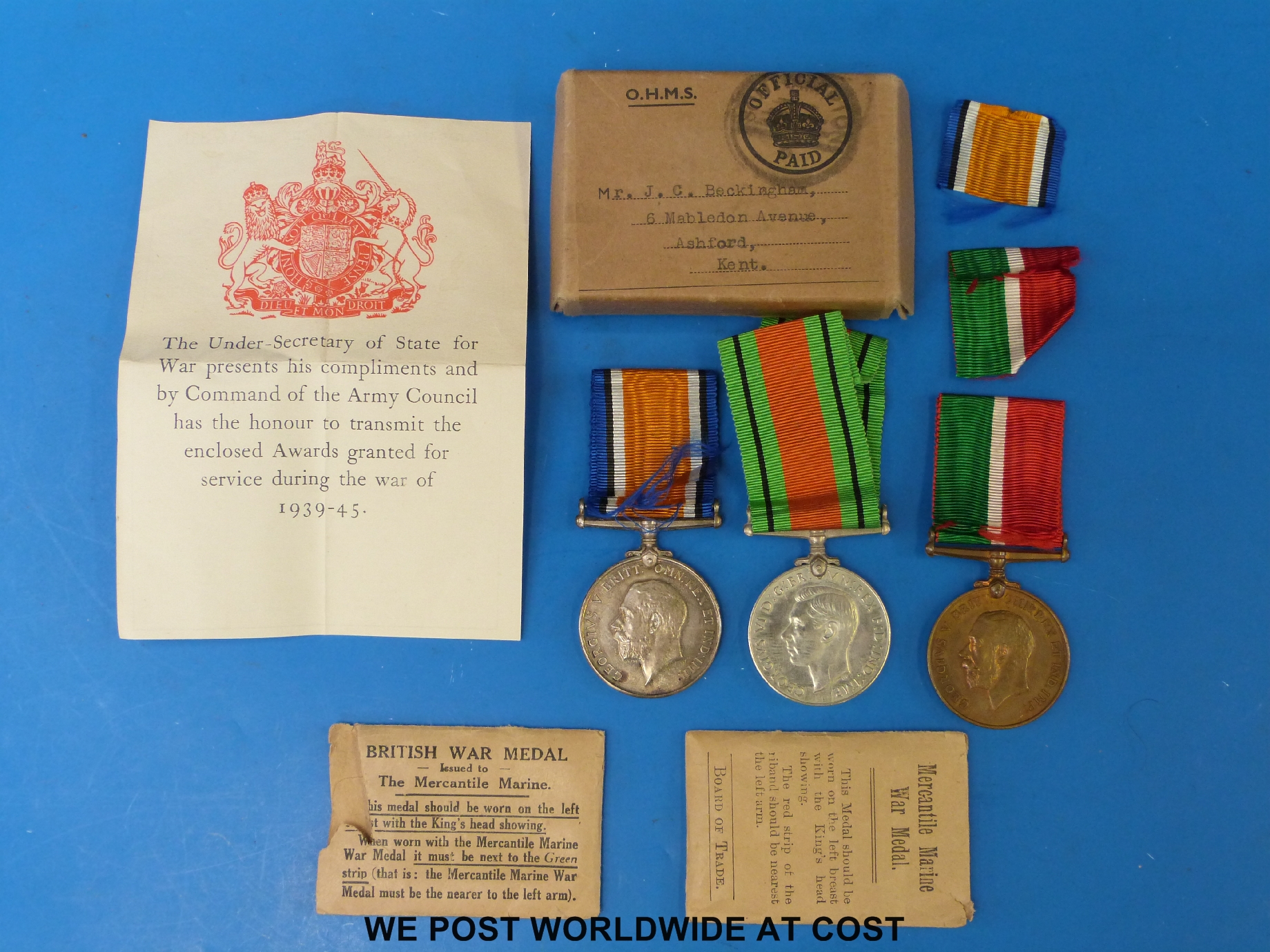 A WWI medal group comprising 1914 -18 medal and Merchantile Marine medal both awarded to John C