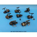 Seven Mitchell fixed spool fishing reels, models including 206, 206S, 321, 324, 440,