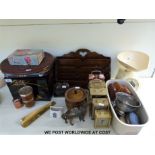 A quantity of collectables  to include travel clocks, novelty lighter, lacquer style box,