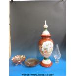 A large painted glass vase, height 64cm, carnival glass items and a very large glass stopper.