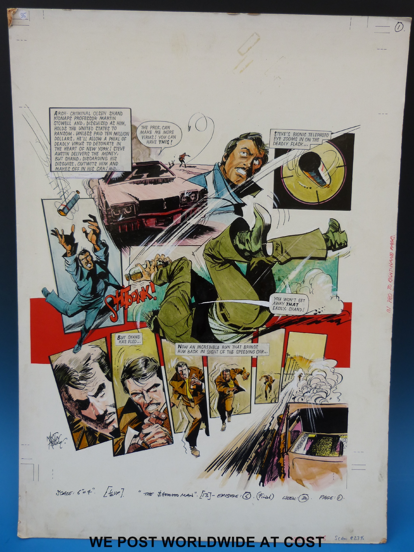 Six Million Dollar Man starring Lee Majors: full colour original art page by artist Martin Asbury,