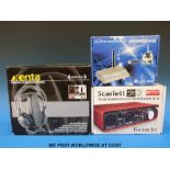 Scarlett 2i2 Focusrite USB recording interface together with a pair of Xenta wireless stereo