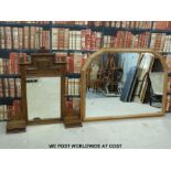 A pine bevelled edge mirror (overall width 135cm) together with a further mirror with drawers