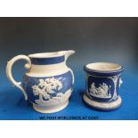 A Wedgwood tobacco jar and a relief moulded jug, probably Copeland.