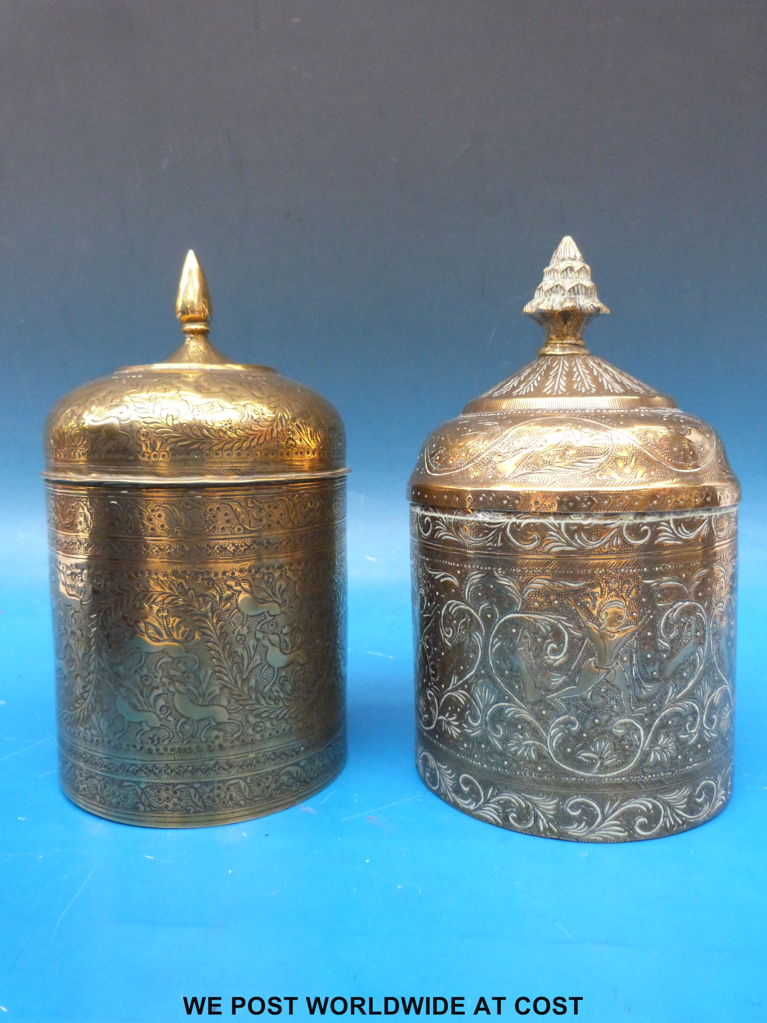 Two late 19th/20thC engraved brass lidded caddies of Indian or Persian origin (21cm tall) - Image 2 of 2