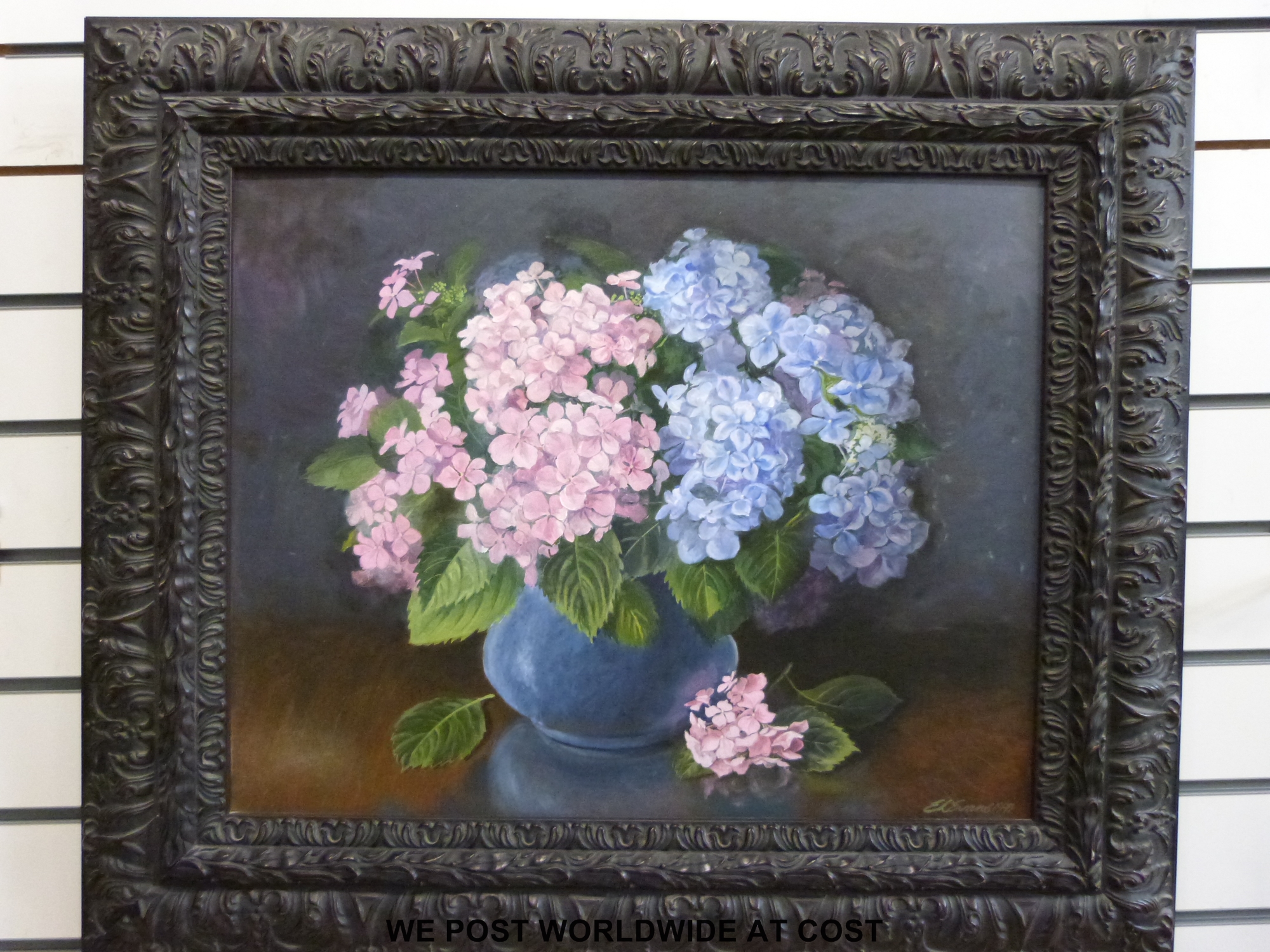 E L Evans oil on canvas still of hydrangeas in vase, signed and dated 1997 lower right, - Image 2 of 3