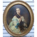 A large oval print of a lady in period dress (max diameter 74cm)